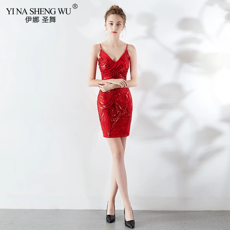 New Cocktail Sequin Dress Tight Sequin Sling V Neck Vestito Cerimonia Party Occasion Dress Women Short Dress For Cocktail