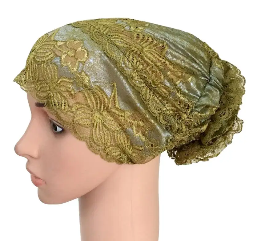 Мусульманская женская цветочная внутренняя шапка, кружевной головной убор тюрбан, мусульманский подхиджабник, головной убор, шапка для выпадения волос, шапочки, скулли, химиотерапия рак - Цвет: 09 Olive Green