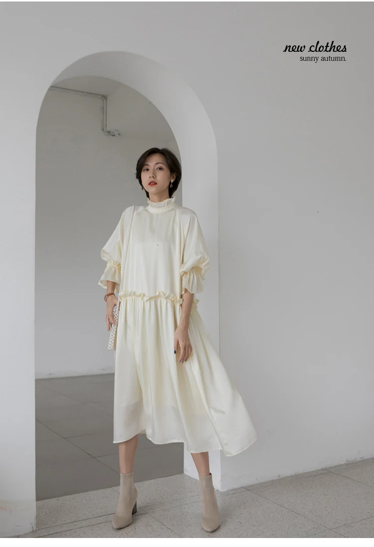 Stand Collar Women Dress Korean Style Solid Color Cotton Ladies Dress Autumn and Winter New Women Clothing L946