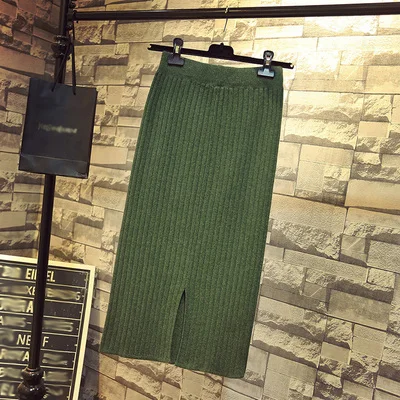solid deep green Модные пуговицы длинные вязаные зимние юбки для женщин Высокая талия прямой свитер юбки женские осенние повседневные Макси jupe mujer - Цвет: solid deep green