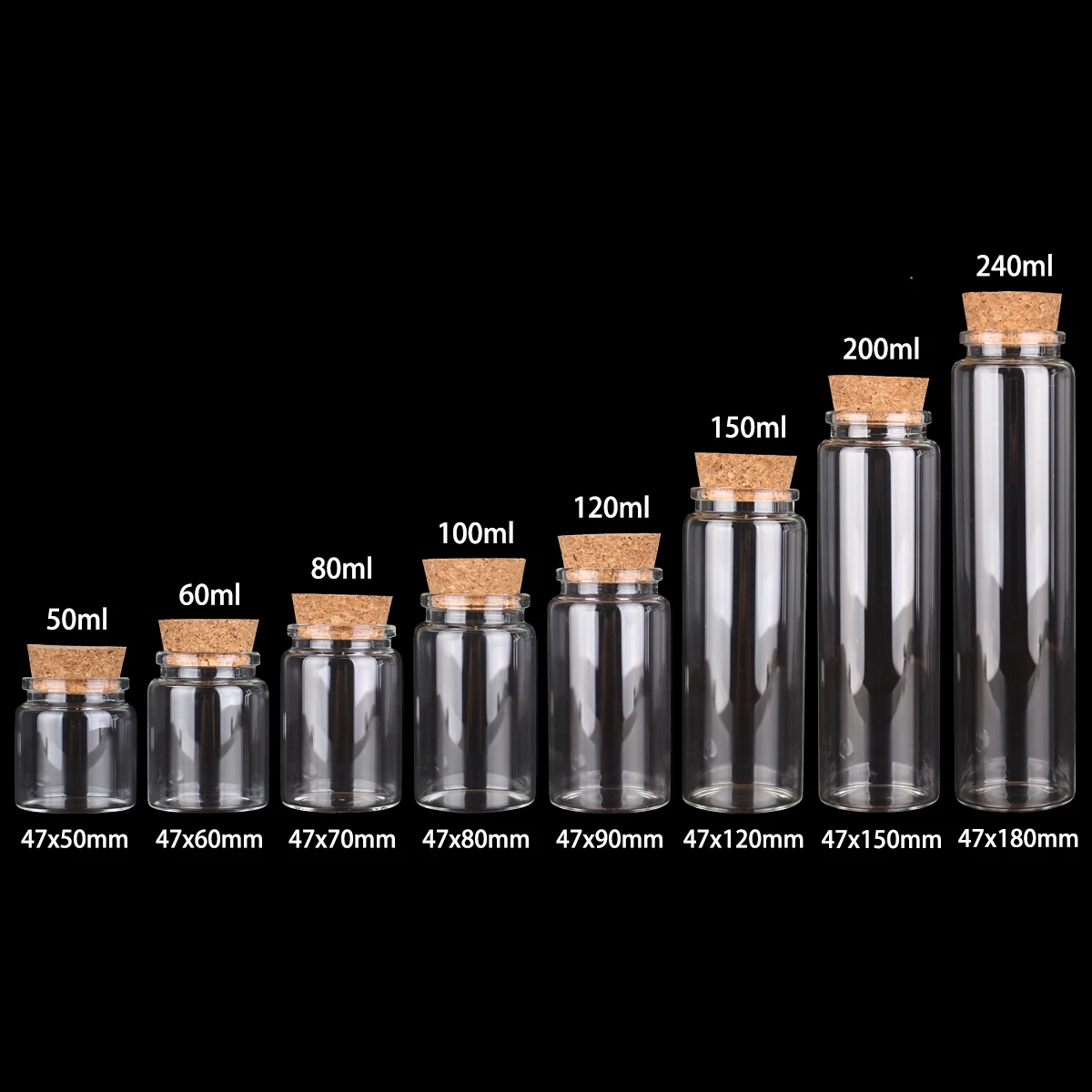 6 pieces/lot 50ml 60ml 80ml 100ml 120ml 150ml 200ml 240ml Glass Bottles With Cork Stopper Wishing Bottles For Wedding Favors 2