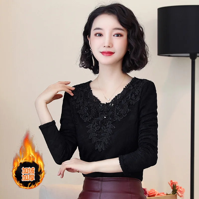 

Autumn And Winter New Style WOMEN'S Top 2019 Autumn Fashion Low Collar plus Velvet Lace Base Shirt Women Long Sleeve Underwear S