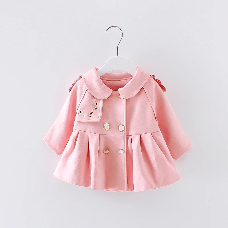 Детская одежда; Тренч с вышивкой для маленьких девочек; Верхняя одежда на пуговицах для маленьких детей; зимнее бархатное пальто; От 0 до 2 лет - Цвет: Розовый
