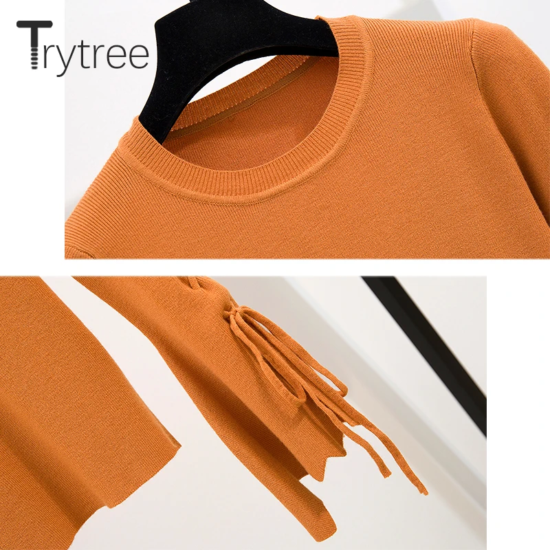 Trytree осенне-зимний комплект из двух предметов Повседневный Топ с О-образным вырезом и расклешенными рукавами+ юбка в клетку на молнии с поясом комплект для офисной Леди комплект из 2 предметов