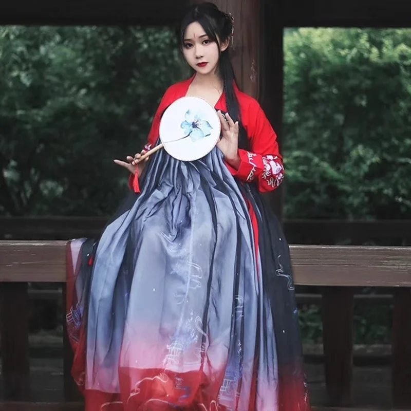 Женский старинный китайский костюм Hanfu Традиционный Элегантный красный и черный китайский традиционный костюм для танцев DQL1679 - Цвет: As picture