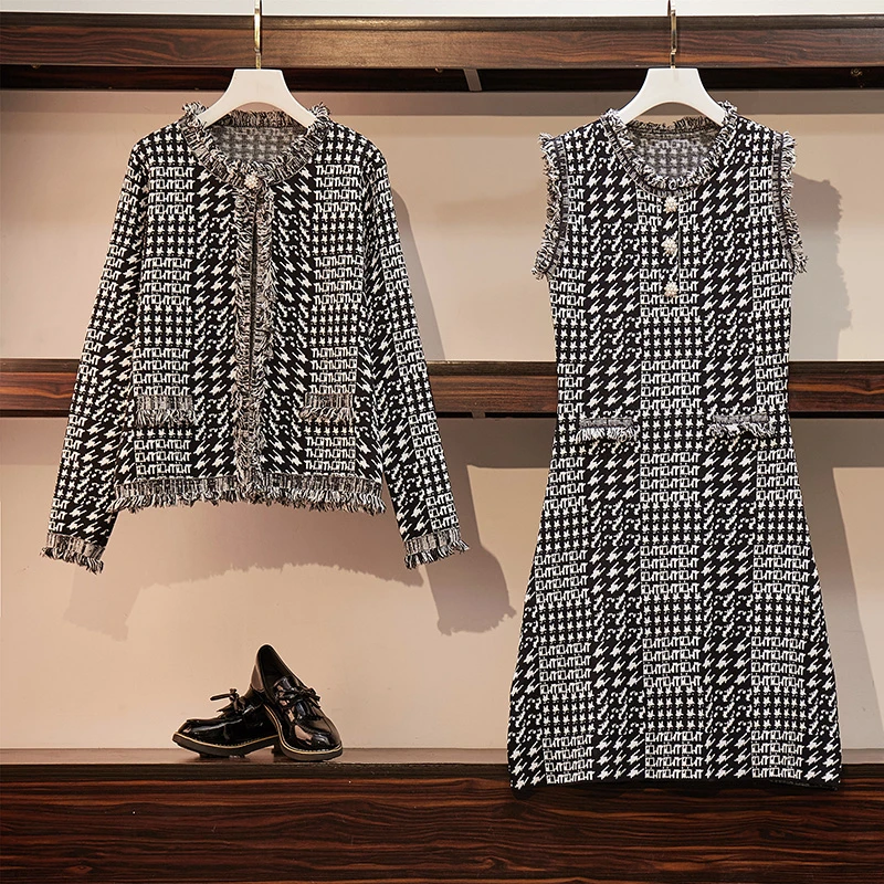 

Elegant Office Lady Wool 2 Two Piece Set Autumn Winter Classic OL Tassel Cardigans Coat And A Line Slim Vest Dress 2 Piece Suit