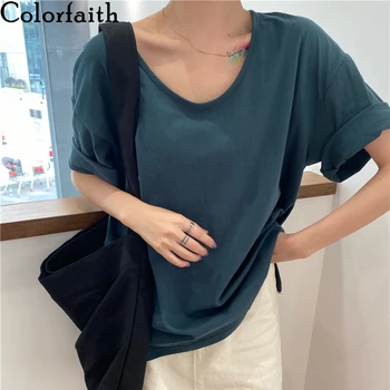 

Colorfaith New 2020 Women T-shirt Solid Multi Colors Casual Loose Bottoming Basic Fashionable Minimalist Style Wild Tops T6021
