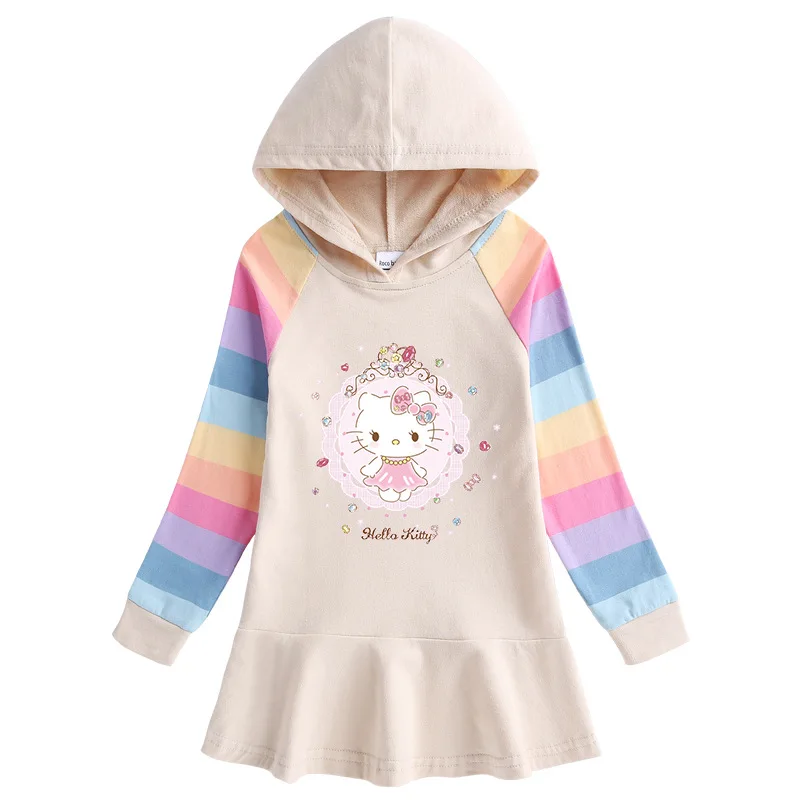 thumbnail image 1 of Hello Kitty-vestido de algodón con dibujos de arcoíris para niñas, suéter con capucha de manga larga, falda de princesa, ropa para niños, primavera y otoño, 1 of 4