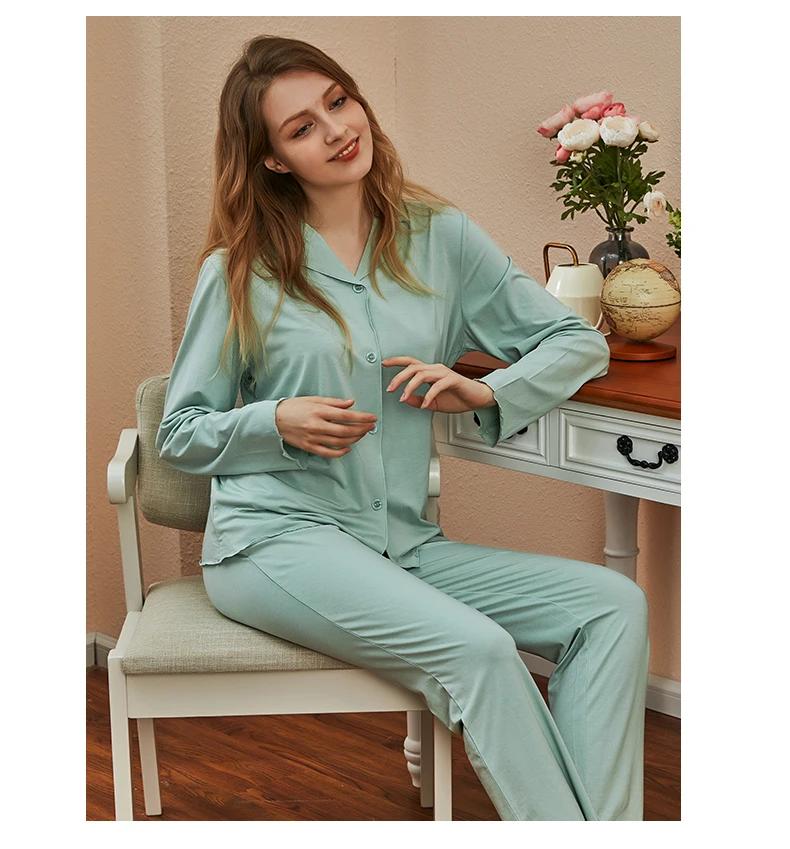 Autumn New Ladies'Cotton Open-lapel Long Sleeve Sleepwear Suit