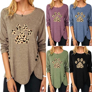 

2020 NEW Footmark Printing Women Tshirts Buttons Long Sleeve Irregular Clothing Tees Large Size Round Collar Casual Female Tops