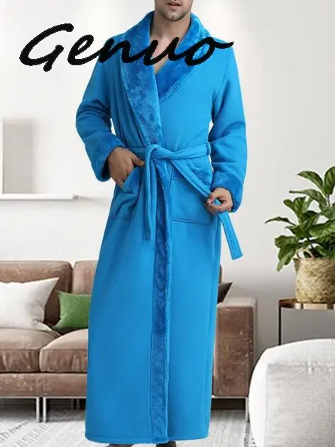 Genuo, очень длинный, размера плюс, зимний, теплый, коралловый флис, халат для женщин и мужчин, фланелевый, Добби, кимоно, банный халат, халат для подружки невесты W - Цвет: Men skyblue