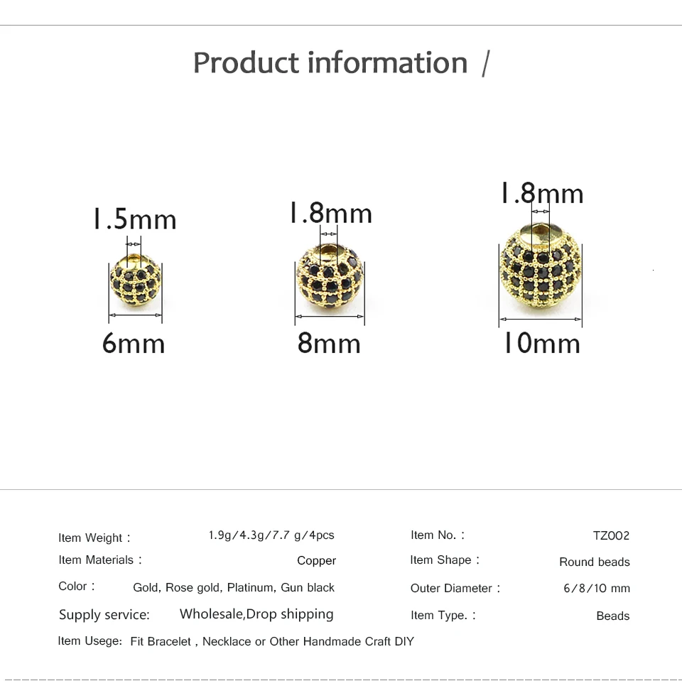 BTFBES 4 шт черный циркон Медь шар бусы 6/8/10 мм круглый гламур свободные пространства бусины для изготовления ювелирных изделий браслет ювелирных изделий DIY аксессуары