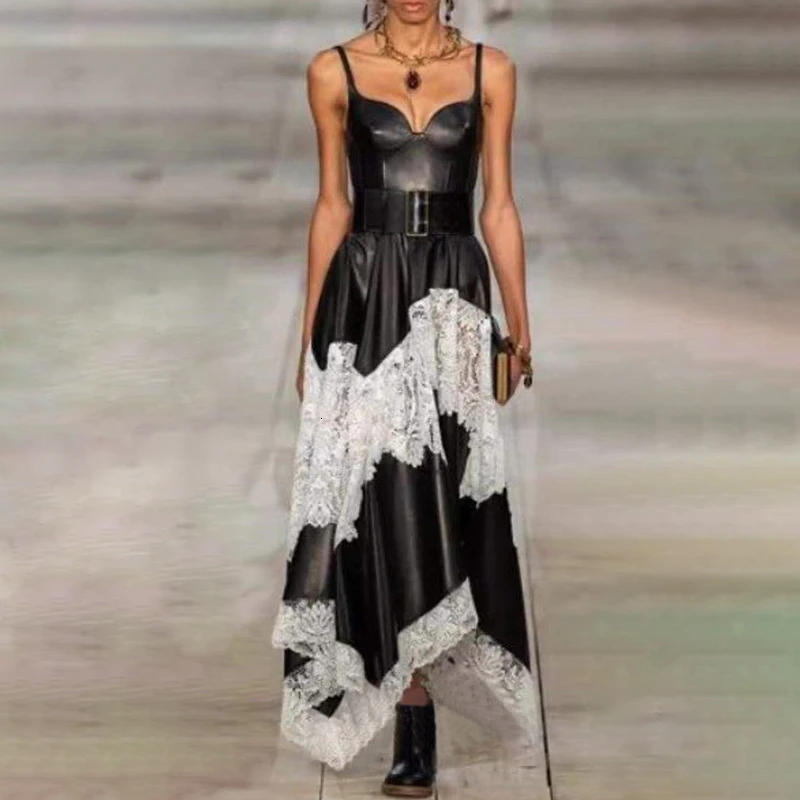 TWOTWINSTYLE лоскутное кружево из искусственной кожи платья для женщин для V образным вырезом Спагетти ремень высокая Талия Асимметричный - Цвет: black