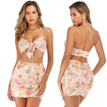 

Floral Sequin Two Pieces Summer Beach Wear Holiday Dress Party