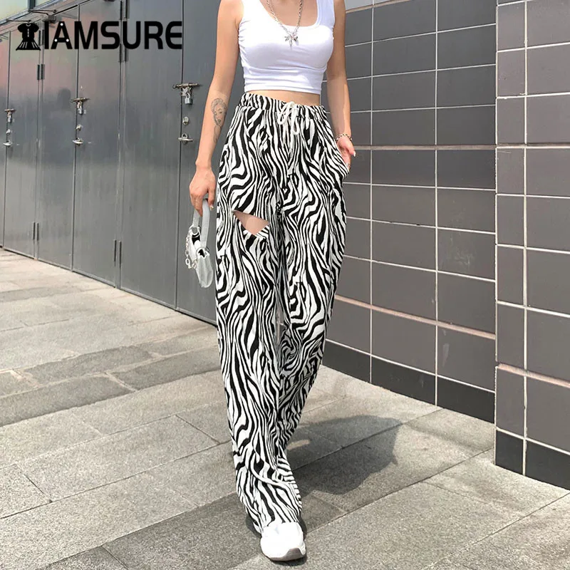 

IAMSURE Streetwear Zebra Pattern Joggers Sweatpants For Women Sexy Hollow Out High Waist Casual Loose Female Straight Trousers