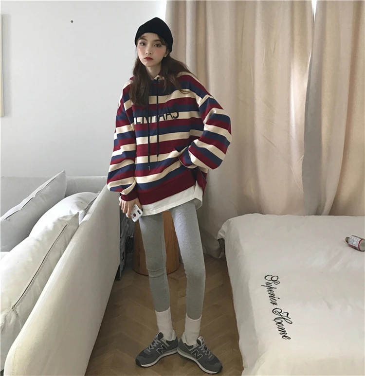 Осень корейский ins Harajuku женский поддельный Двухсекционный свитер с капюшоном с буквенными полосками плюс бархат с длинными рукавами Ulzzang Толстовка