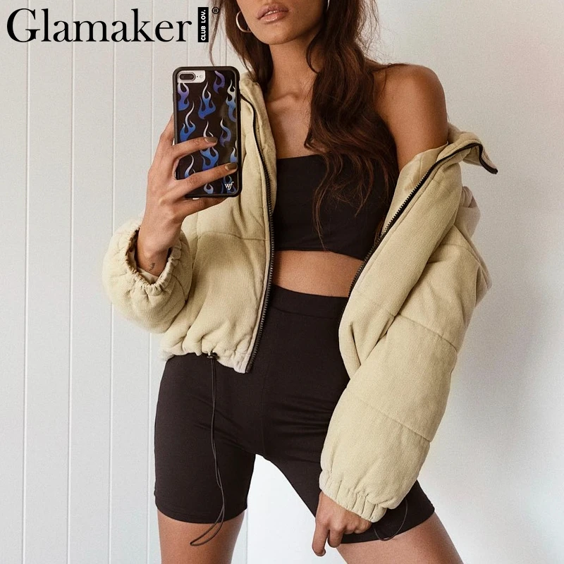 Glamaker, сексуальная Вельветовая Толстая куртка, парка, зимняя, теплая, мягкая, с подкладкой, короткое, базовое пальто, для женщин, хаки, с отворотом, уличная одежда, женская верхняя одежда