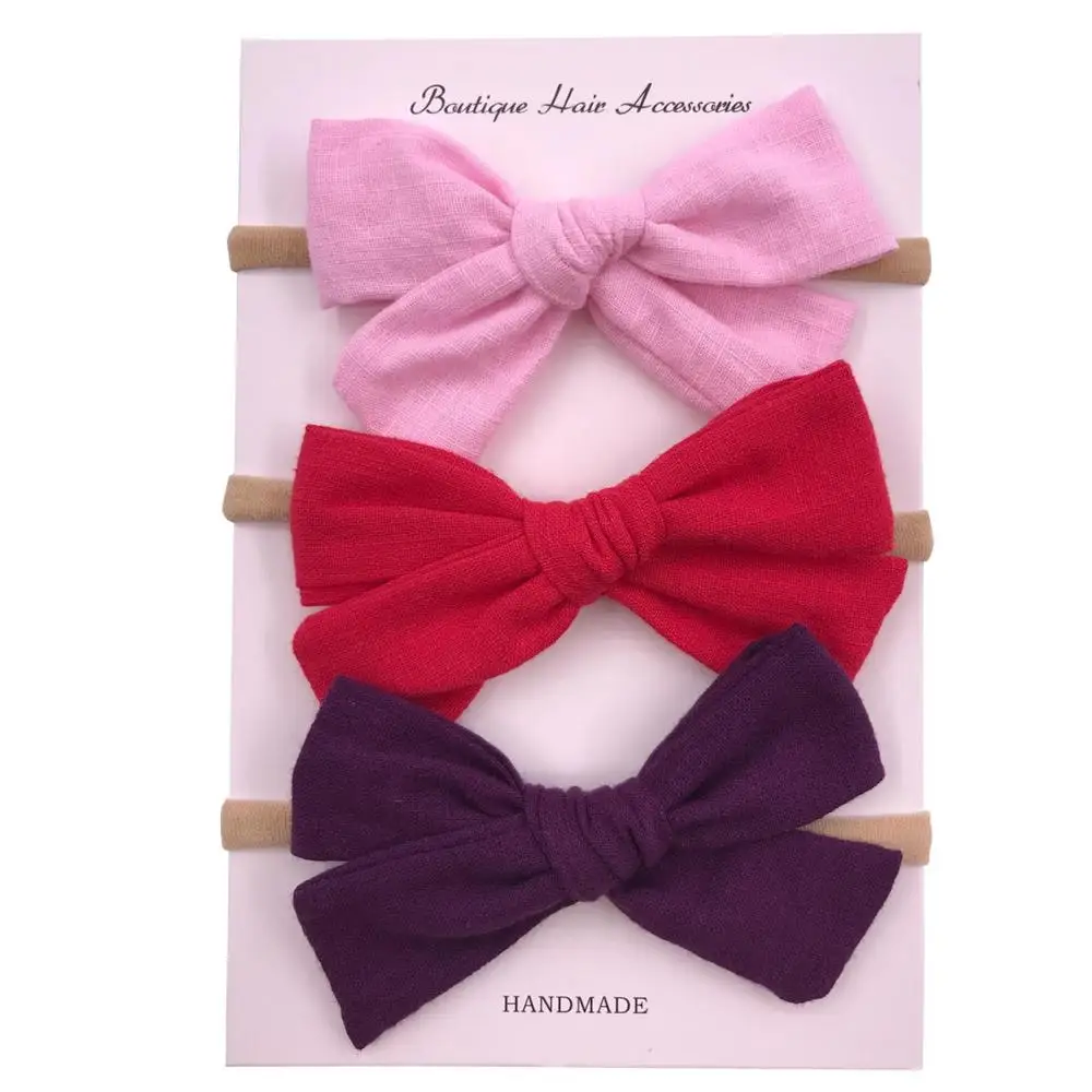 Set 2 with headband 3 шт./партия, 4 дюймовые хлопковые льняные повязки на голову, бант из нейлона, заколки для волос с бантом для школьниц, Детские аксессуары для волос для девочек - Цвет: Set 2 with headband
