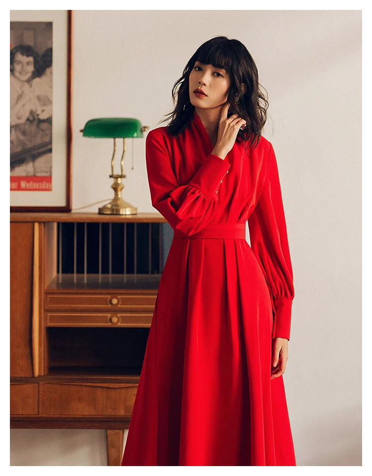Высокое качество Красный длинное платье осень Стиль Для женщин с высоким, плотно облегающим шею воротником с бантом сзади; пояс с длинным рукавом Вечерние Длинные Maxi dress Vestidos De Festa