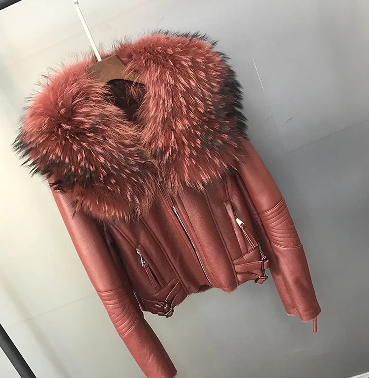 pink Зимние роскошные кожаные куртки женские Короткие Куртки из натуральной кожи большой Лисий меховой воротник теплые овечья шерсть подкладка кожаные пальто w1844 - Цвет: pink