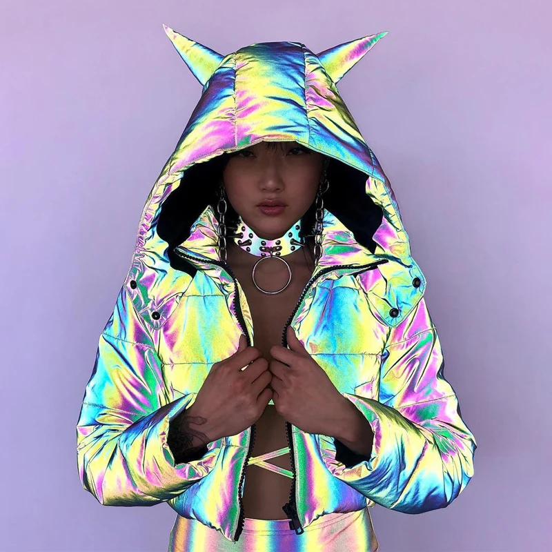 

Warm Winter Jacket Women Streetwear Crop Tops Hooded Rainbow Reflective Jacket Long Sleeve Zipper Cropped Casual Parka Womens