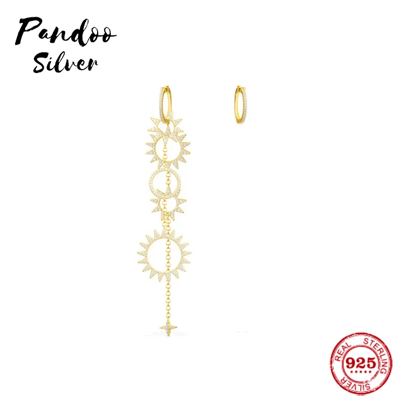 

Pandoo Fashion Charm Sterling Silver Original 1:1 Copy，Asymmetric Long Earrings With Sun Pendant Luxury Jewelry Gift For Female