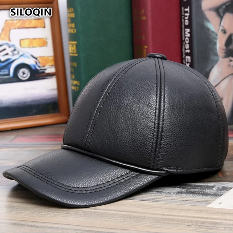 SILOQIN Мужская бейсболка шляпа из натуральной кожи зимние теплые наушники с защелкой первый слой Воловья Кожа Козырьки шапки для отдыха регулируемые