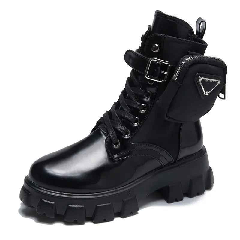 Winter Fashion Motorcycle Boots Wedges Flat Woman High Heel Platform PU Leather Lace Up Women Shoes Black Booties | Обувь