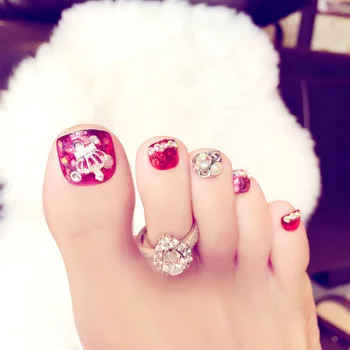 

24Pcs Nail Finished Magazine Style Japanese Glitter square Red press on toenails Phototherapy false toenail with glue for girl