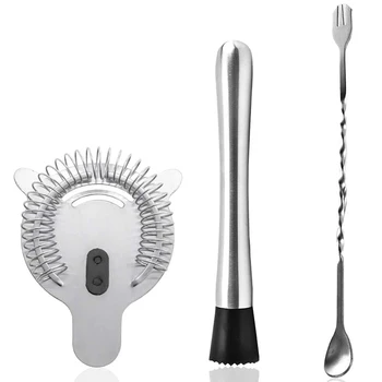 

Stainless Steel Cocktail Muddler, Spiral Mixing Spoon & Prong Bar Strainer, Home Bar Bartender's Muddling Tool Set