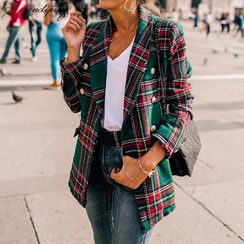 

Women Fashion Tweed Plaid Blazer 2019 Autumn Winter Female High Street Long Sleeves Jackets Mujer Business Chic Coats