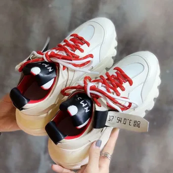 

Women Sneakers Vulcanize Shoes Genuine Leather Fashion New Female Black White Platform Thick Sole Running Casual Shoe Woman