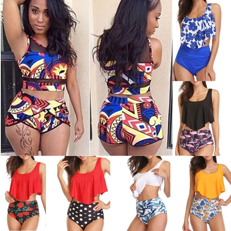 Women High Waist Bikini Swimsuit Plus Size Bathing Suit Vintage Print Large Two Piece Tankini Ruffle Waisted Swimwear 2019 XXXL |