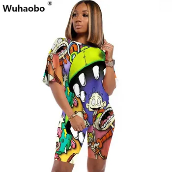 

Wuhaobo Multicolor Cartoon Print Sets Summer Casual Tracksuit Sexy T Shirt Tight Trousers Suits Women Nightclub Two Piece Set