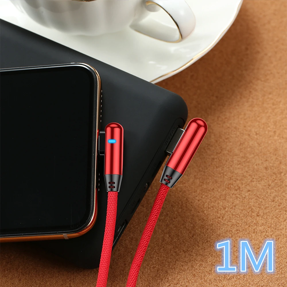 Светодиодный кабель usb type C на 90 градусов для iPhone Micro Quick Charge USB-C кабель для Xiaomi Redmi Note 7 для samsung S10 A50 Tipe-C - Цвет: 1M Red