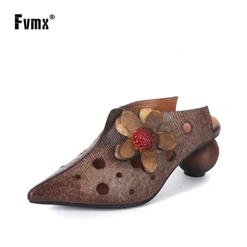 

FVMX New Flower Sexy Exquisite Pointed Genuine Leather Handmade Fashion High-heel Women Shoes Ethnic Style Retro Literary Pumps