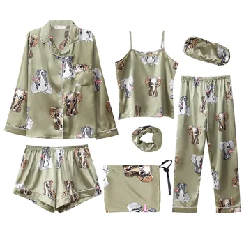 

Female Sleepwear Casual Home Clothes Women Satin Pajamas Sets Silky 7PCS Pajamas Suit Sleepwear Flower Print Sleep Set