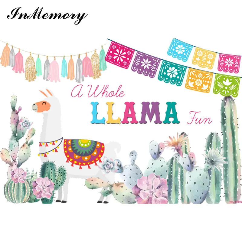 InMemory 7x5ft Color Llama Backdrop Mexican Theme Alpaca Baby Shower Birthday Party Photography Backdrops Cactus Photo Backdrops stand light Photo Studio Supplies