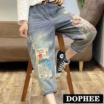 

New Streetwear Women's Vintage Cartoon Embroidered Jeans Spring New Drawstring Ripped Harem Pants Casual Cotton Denim Pants