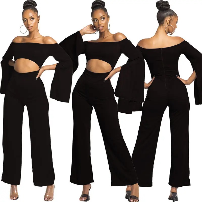 Tsuretobe элегантный комбинезон с открытыми плечами широкие брюки для женщин выдалбливают комбинезон Сплит рукав вечерние комбинезоны на молнии - Цвет: black