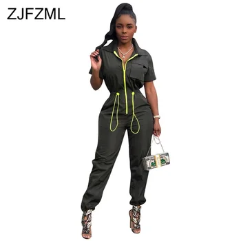 

Front Zipper Casual Romper Women Jumpsuit Turn Down Collar Short Sleeve Party Bodysuit Autumn Drawstring Pockets Bodycon Overall