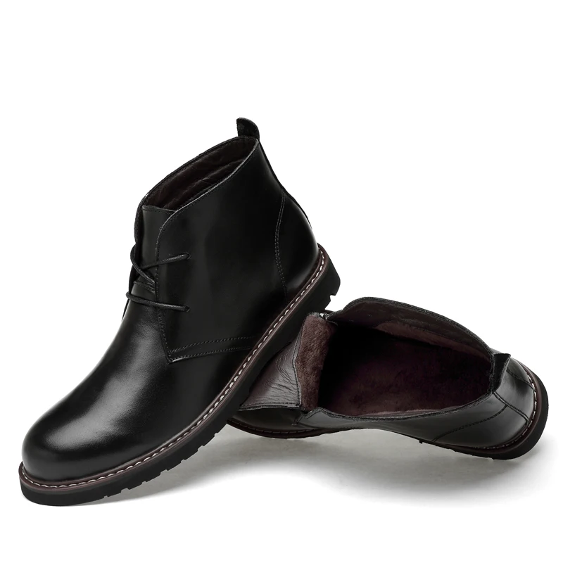 

Autumn Winter Plush Warm Genuine Leather Men Boots All Season Work Shoes Man Ankle Boot with Fur Black New Plus Size 37-48
