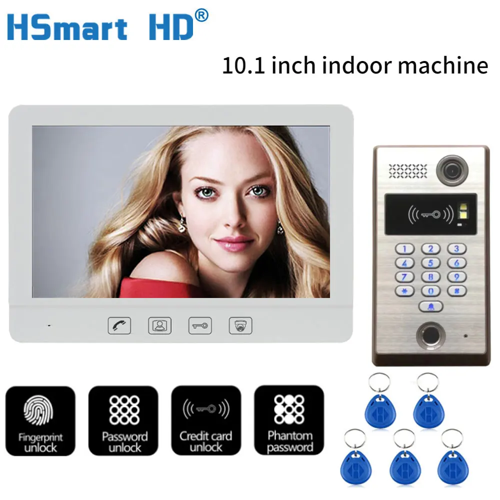 New Wired 10.1 inch Video Door Phone Intercom Entry System 1 Monitor + 1 RFID Password Fingerprint HD Camera