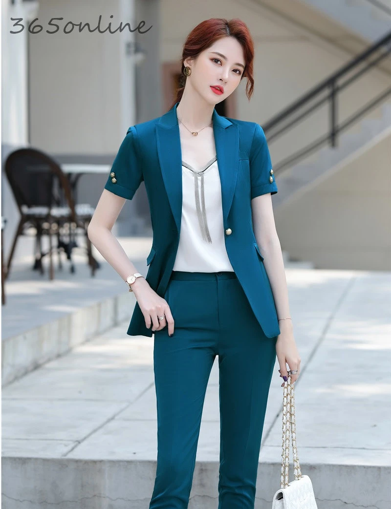 Blazers talla grande para mujer, ropa de trabajo de oficina, trajes de negocios formales de manga corta, pantalones de estilo OL, trajes de verano