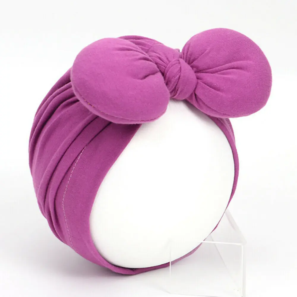 Newborn Toddler Baby Girls Turban Soft Silk Beanie Big Bow Hat Cap Wrap Headwear Headband Hats Accessories Candy Color Cute - Color: Lavender