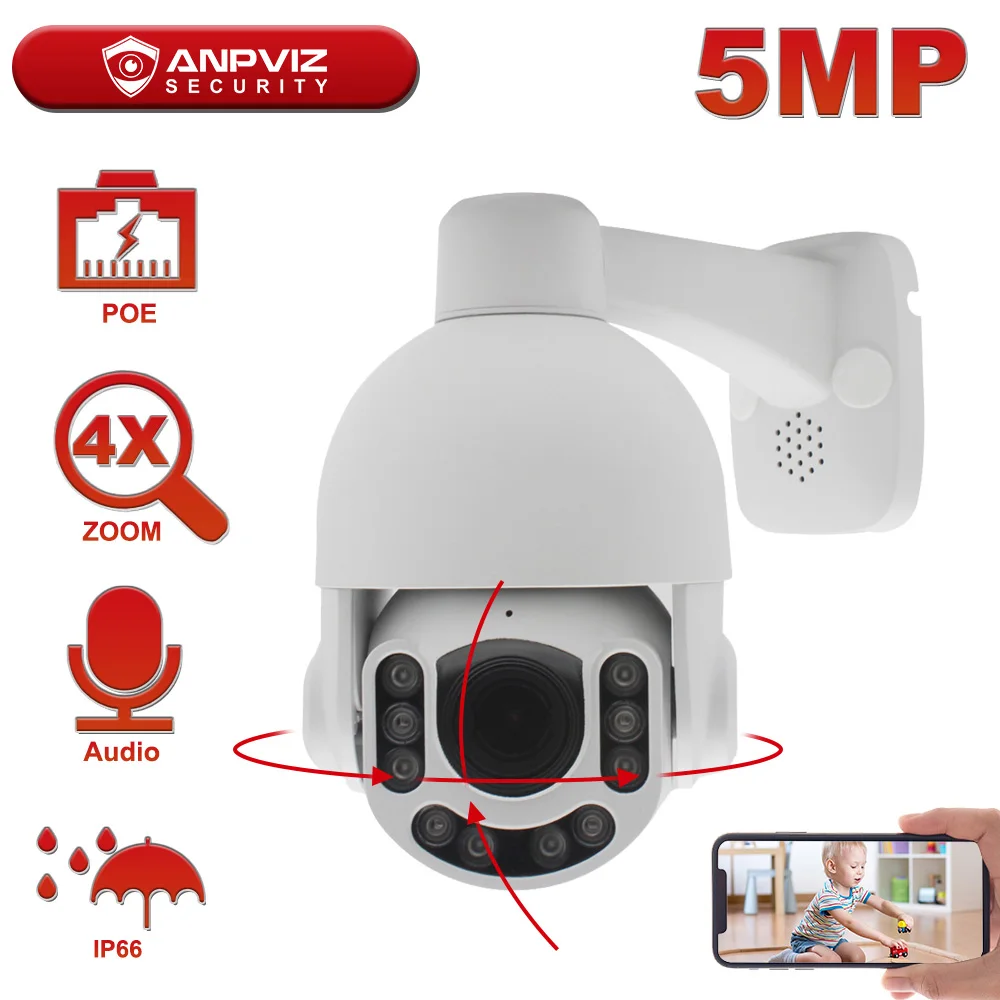 Anpviz 2MP/5MP POE IP PTZ Camera 4X Optical Zoom Indoor/Outdoor Security 5MP IP Camera Dome Security Audio 60m IR Onvif IP66