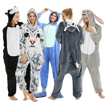 

Adults Animal Pajamas Sets Cartoon Sleepwear Unicorn Onesies Stitch Kigurumi Unicornio Women Men Warm Flannel Hooded