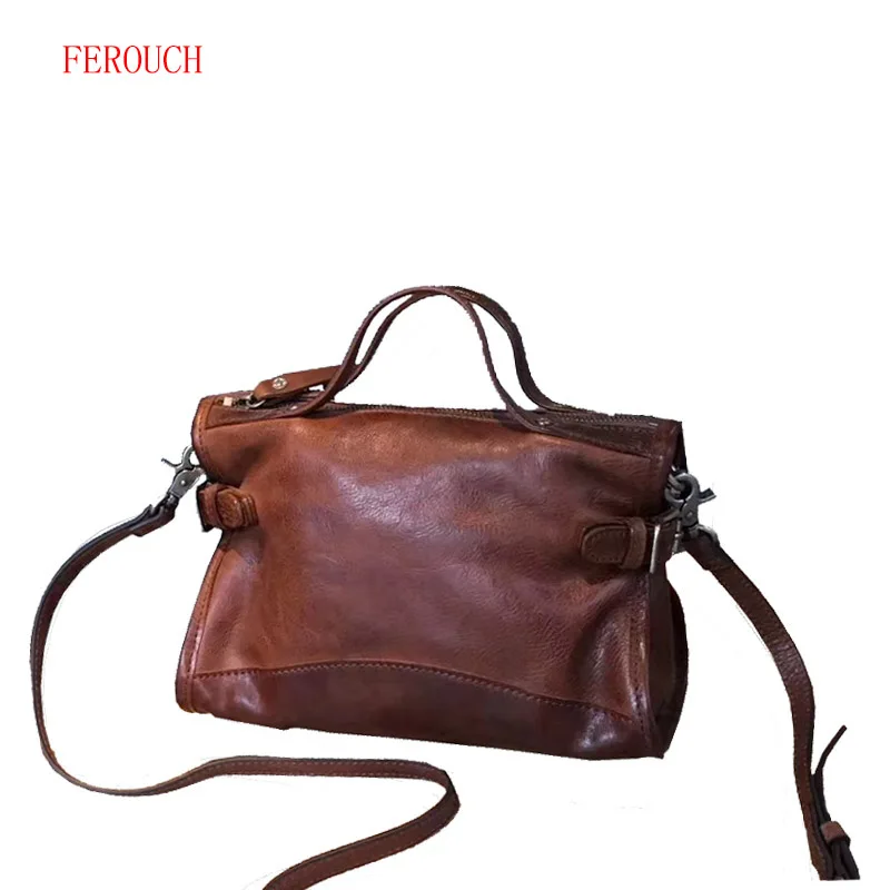 

Ferouch Original Handmade Retro Vegetable Tanned Handbag Genuine women Leather Personality Tide Shoulder Messenger Bags