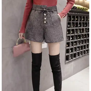 

Women Woolen Elegant Shorts Autumn Winter Female Wide Leg Shorts 2020 New Fashion High Waist Casual Short Pants
