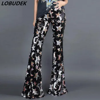 

Flashing Star Pattern Sequins Flare Pants Trousers Singer Bar Stage Elastic High Waist Sequined Casual Pants Bell-bottomed Pants